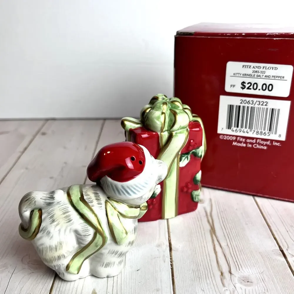Fitz and Floyd Kitty Kringle Salt Pepper Shakers Original Box 2009 Discontinued